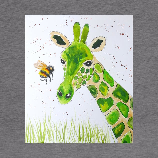 Cute Green Giraffe and a Bumble bee by Casimirasquirkyart